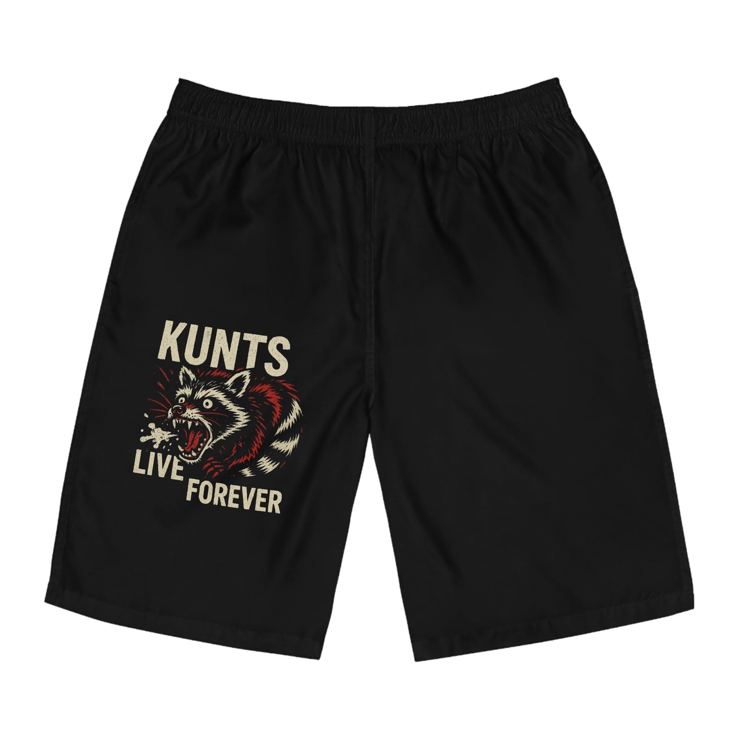 Black board shorts with rebellious Rabid Racoon graphic and "KUNTS LIVE FOREVER" text, punk streetwear style