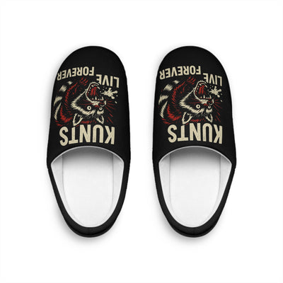 Black slippers with aggressive raccoon graphic and KUNTS LIVE FOREVER text in bold punk style
