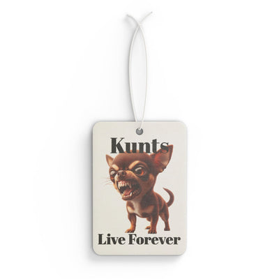 Kunts Live Forever car air freshener with angry cartoon chihuahua and rebellious punk streetwear design