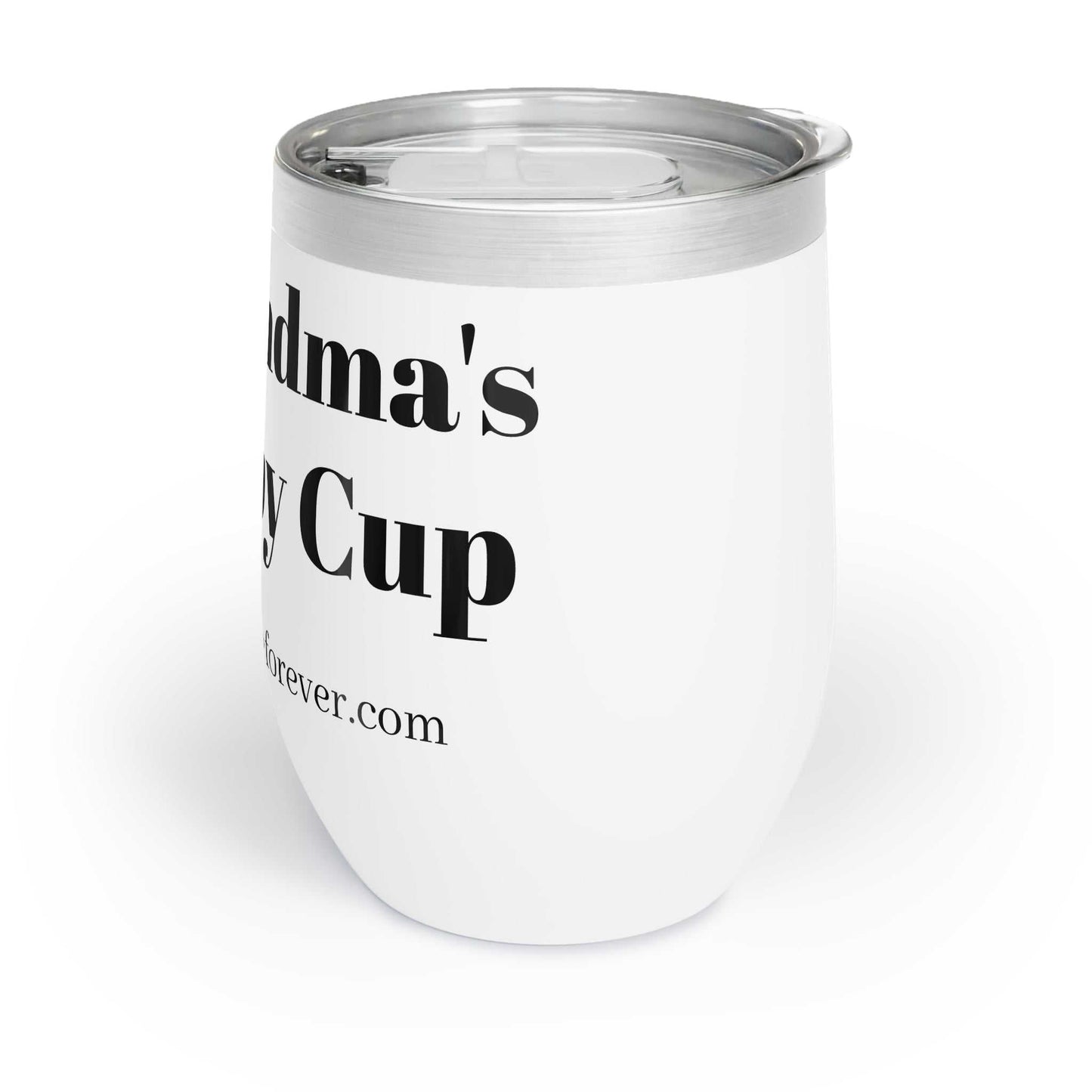 White stainless steel wine tumbler with "Grandma's Sippy Cup" minimalist text design and spill-resistant lid