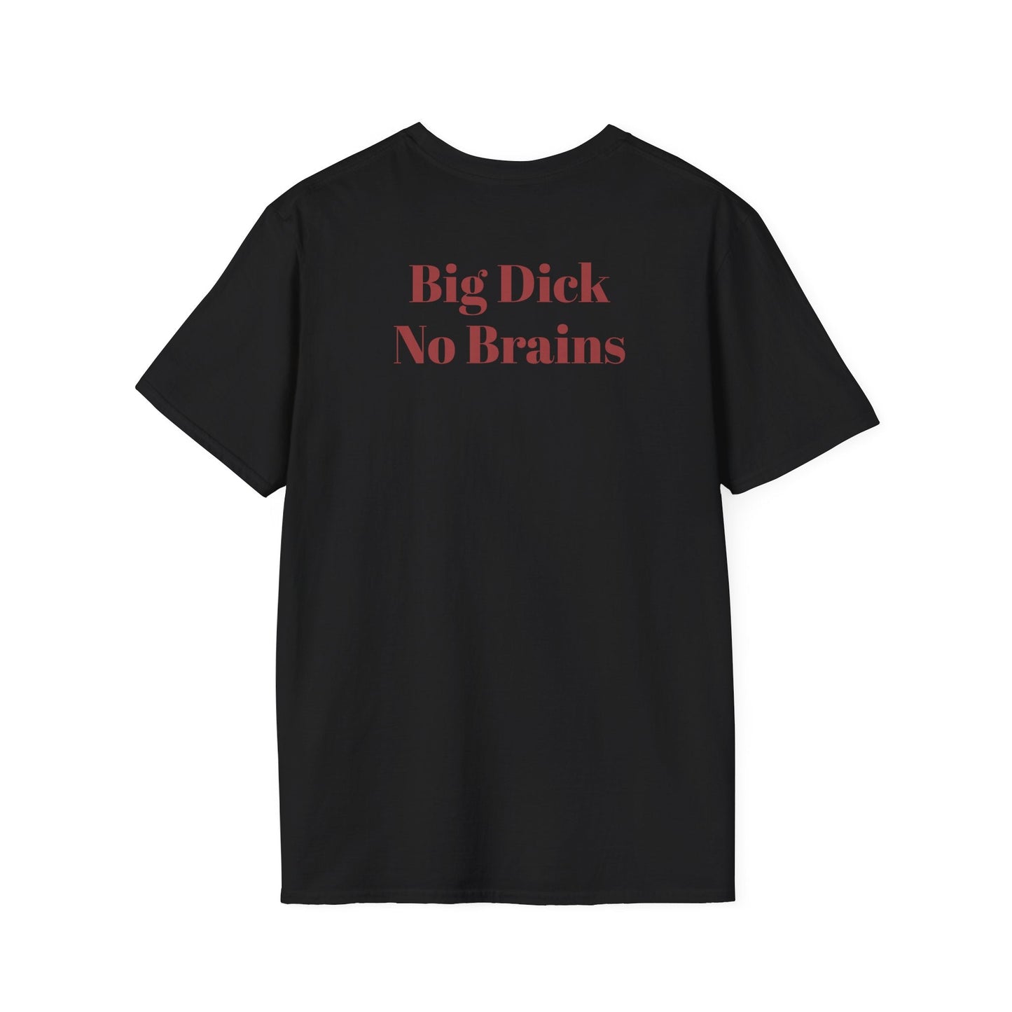 Black heavyweight cotton tee with red "Big Dick No Brains" text, punk streetwear style