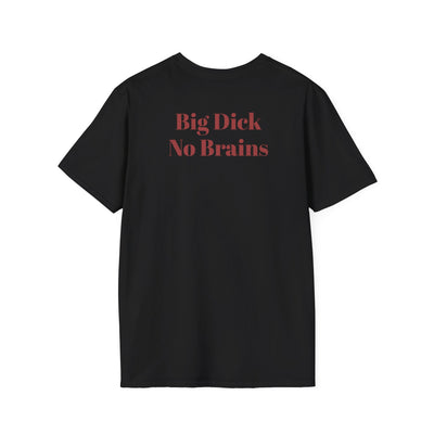 Black heavyweight cotton tee with red "Big Dick No Brains" text, punk streetwear style