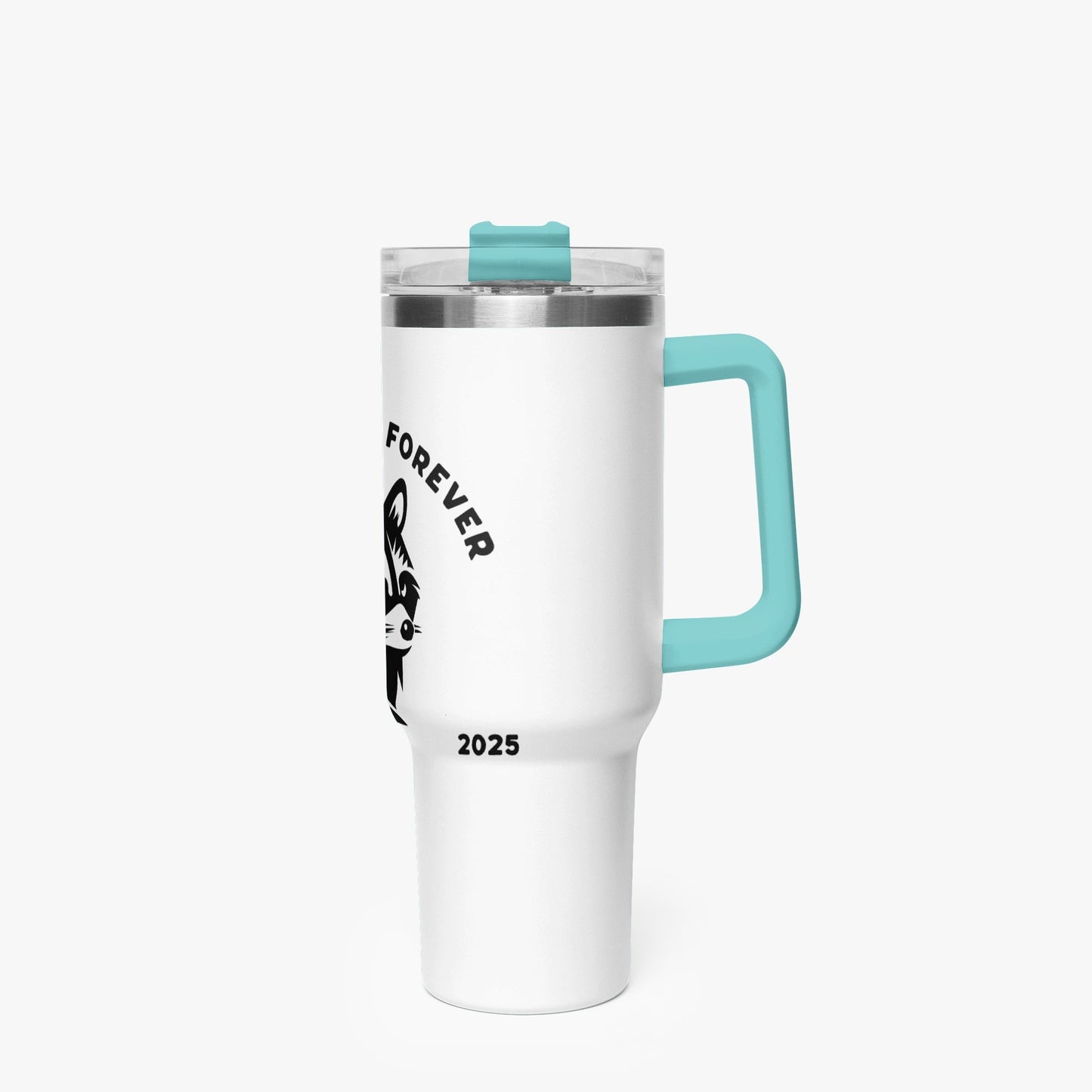 White 40oz Coon Car Tumbler Coffee Cup with turquoise handle and lid, 2025 design