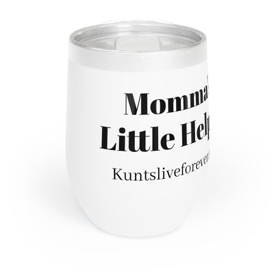 White stainless steel tumbler with "Mom's Little Helper" text and clear lid, punk streetwear style wine tumbler
