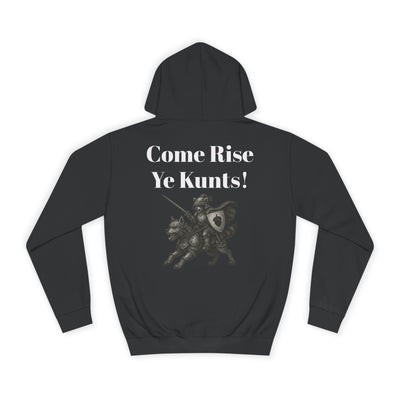 Black Come Rise Hoodie with rebellious punk graphic and bold white text on back