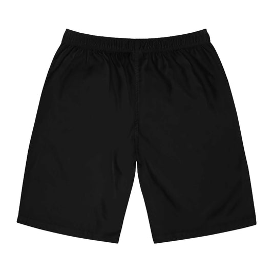 Black KLF Rabid Racoon Board Shorts with elastic waistband, unisex fit, premium fabric, KUNTS LIVE FOREVER streetwear style