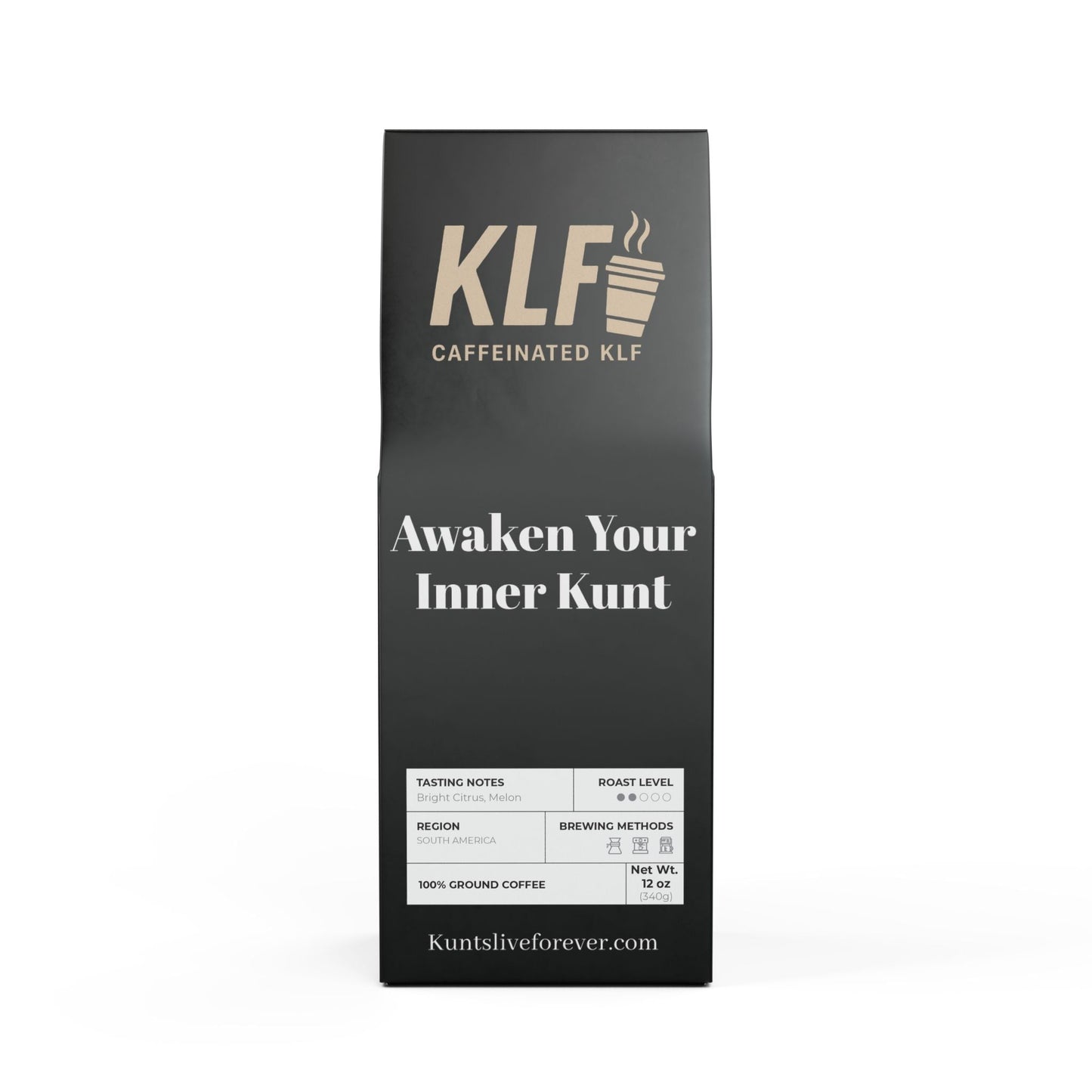 Black Punky Kunt Origin Coffee light-medium roast ground coffee bag with bold white text and KLF logo