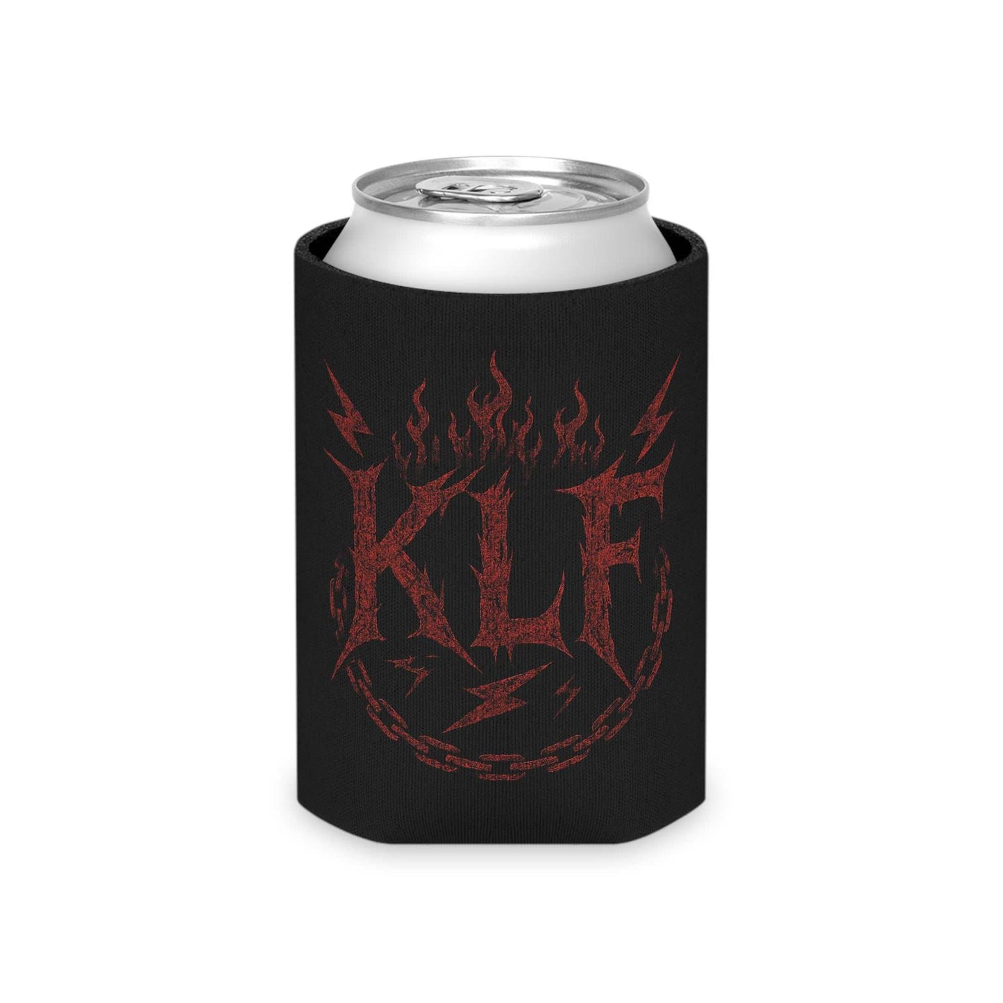 black KLF Vintage Can Cooler with red flame and lightning design for cans