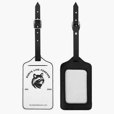 Black and white rebellious punk style passport cover and luggage tag set with Kunts Live Forever logo and adjustable strap.