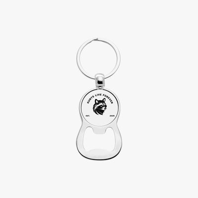 Silver Coon Bottle Opener Keychain with raccoon logo and "KUNTS LIVE FOREVER" text
