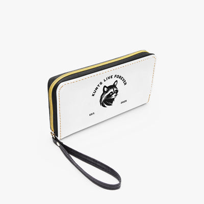 White Coon PU leather wristlet clutch wallet with black raccoon logo and black zipper strap