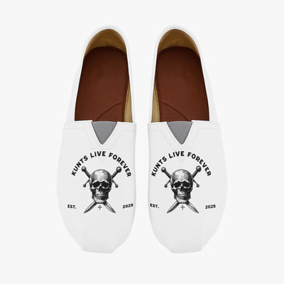 White Kunts Canvas Toms shoes with skull and crossed knives design and "Kunts Live Forever" text