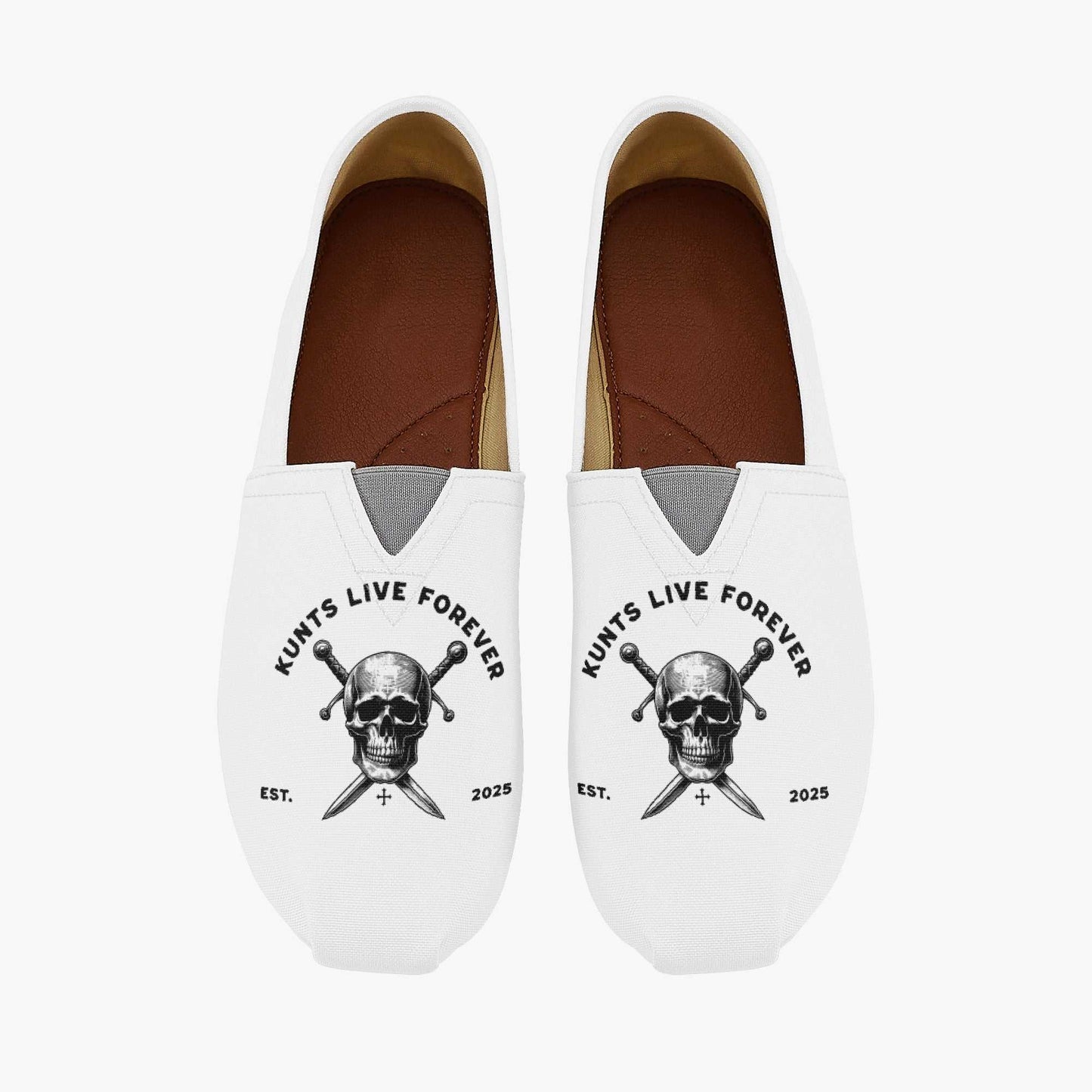 White Kunts Canvas Toms shoes with skull and crossed knives design and "Kunts Live Forever" text
