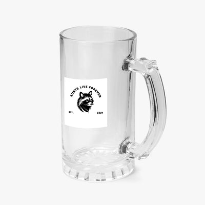 Clear 16oz glass beer mug with handle featuring Kunts Live Forever wolf logo and text
