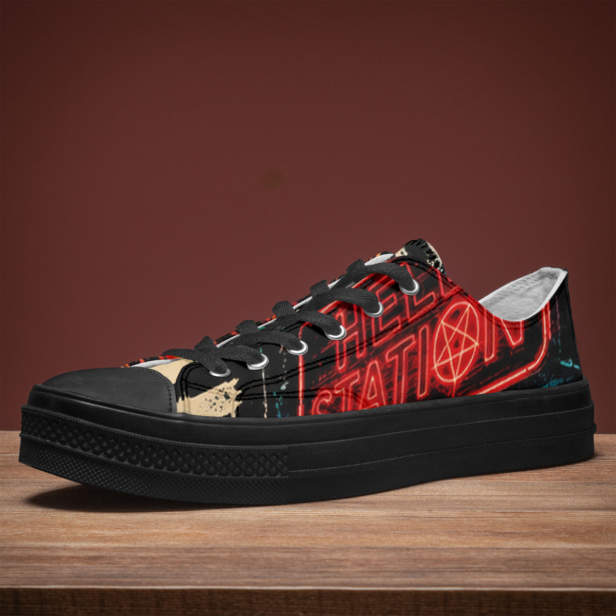 KLF Grave Shift low-top canvas shoes with neon horror night-shift artwork - product view 7