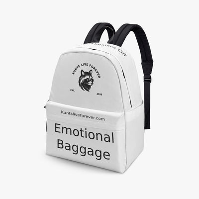 White Emotional Baggage Canvas Backpack with black wolf logo and text, adjustable black straps, and front pocket for rebellious punk streetwear fans