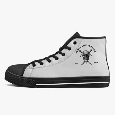 Black and white Kunts High-Top Canvas Shoes with skull and crossed swords design on side