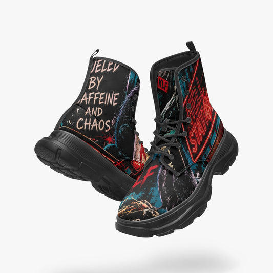 KLF Grave Shift chunky leather boots with neon horror night-shift artwork - product view 2