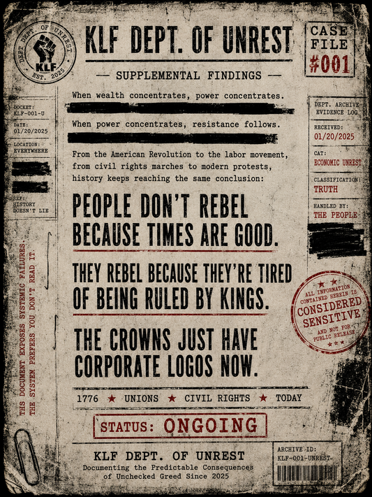 KLF Dept. of Unrest Case File #001 supplemental findings graphic