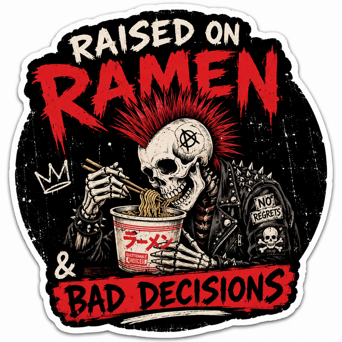 Raised on Ramen and Bad Decisions punk skeleton sticker artwork