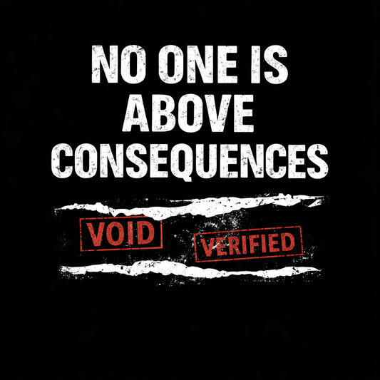 No One Is Above Consequences KLF protest graphic with void verified stamps