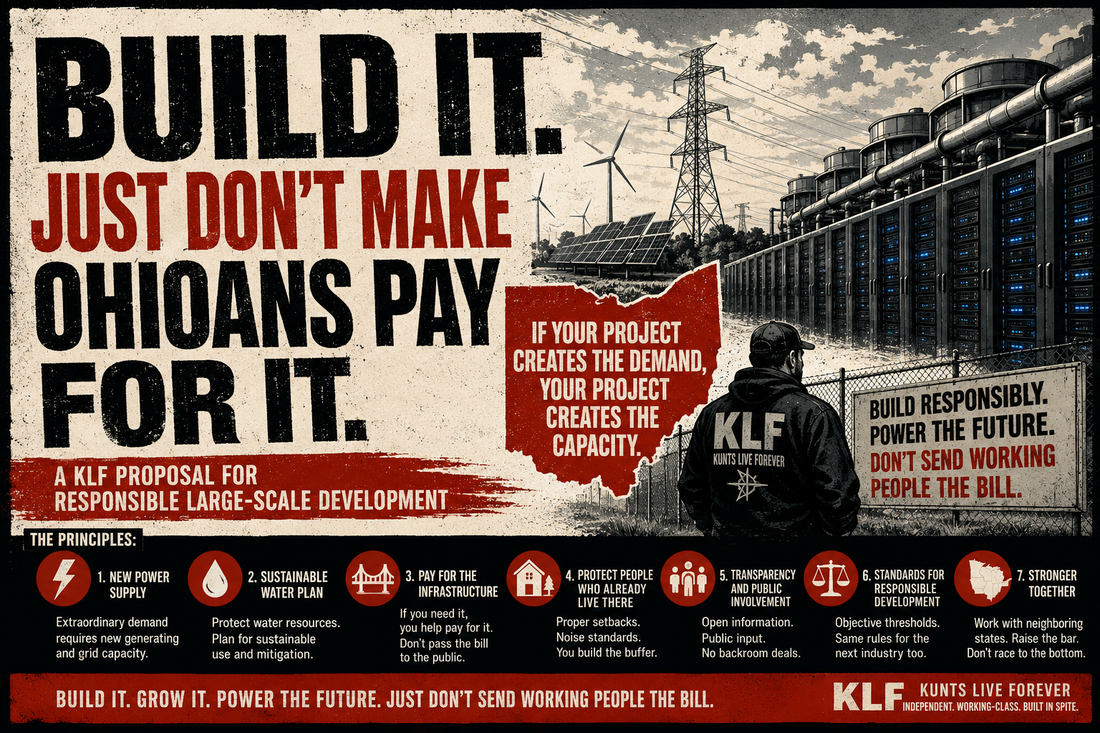 KLF Build It proposal graphic advocating responsible Ohio data center development, new energy capacity, sustainable water use, infrastructure investment and protection for working people.