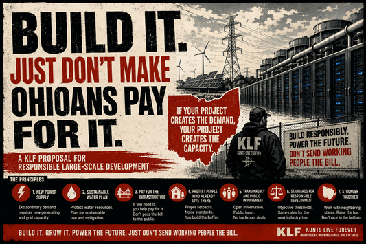 KLF Build It proposal graphic advocating responsible Ohio data center development, new energy capacity, sustainable water use, infrastructure investment and protection for working people.