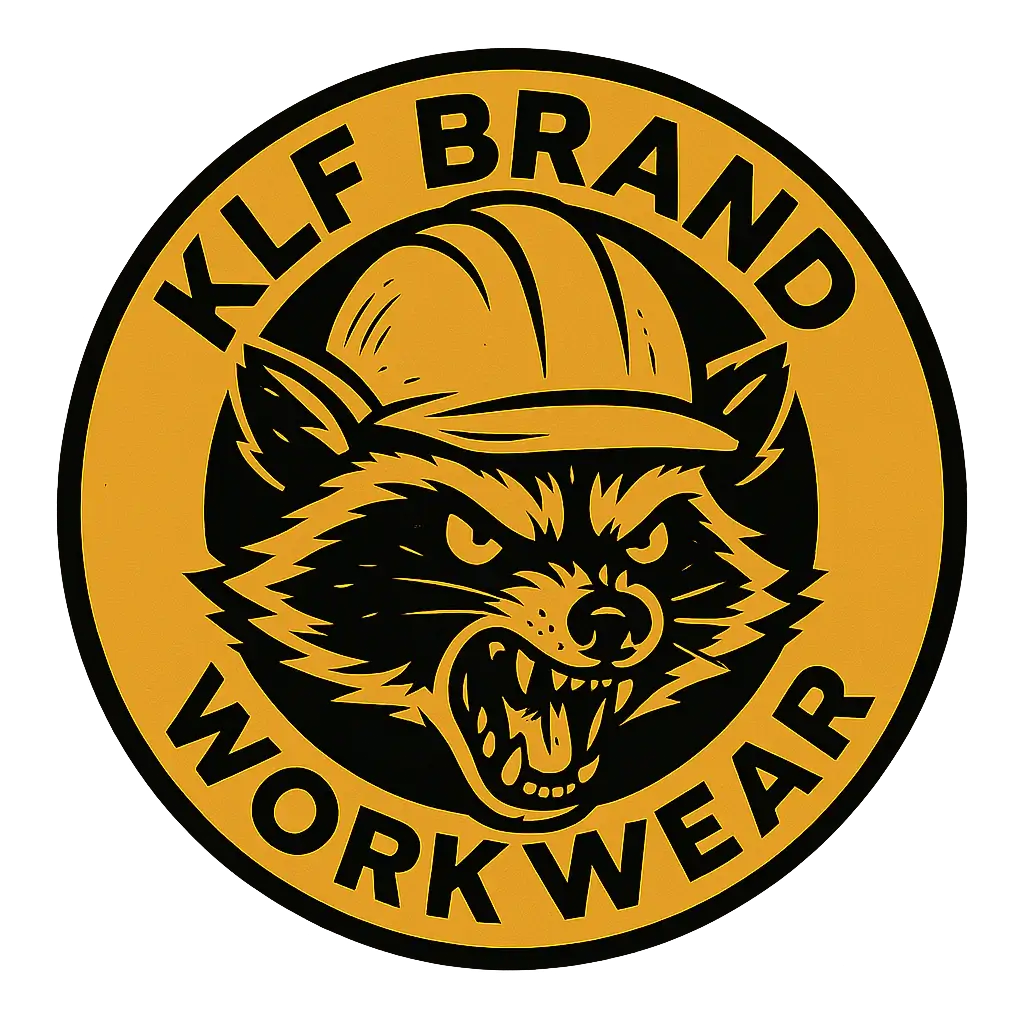 KLF Brand Workwear logo featuring an aggressive raccoon wearing a construction hard hat inside a circular yellow and black emblem representing punk-inspired blue-collar workwear.