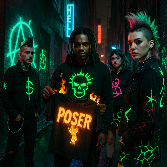 Punk crew burns fake clothing in neon alley to mark the return of the Rebel Collection by Kunts Live Forever.