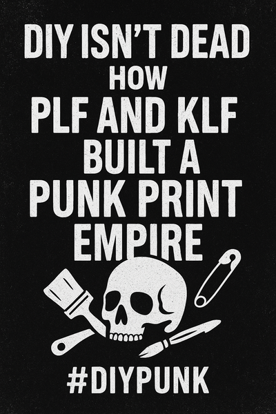 "Grungy punk poster with bold white text reading 'DIY Isn’t Dead – How PLF and KLF Built a Punk Print Empire' above a skull with crossed squeegee, pen, and safety pin on a distressed black background. Includes hashtag #DIYPunk."