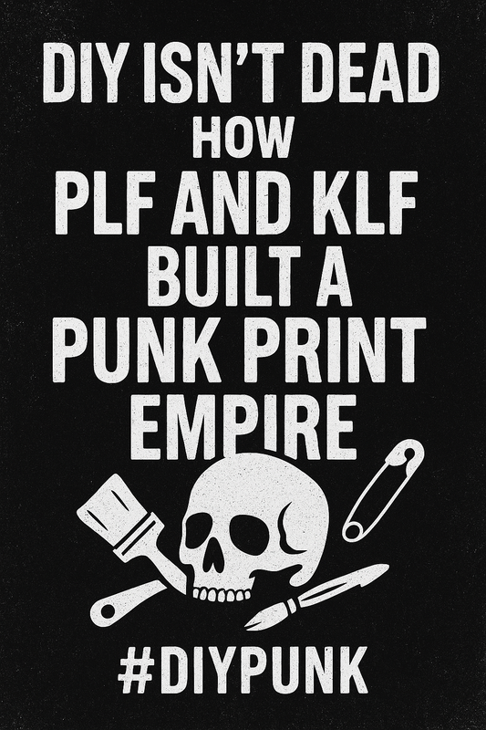 "Grungy punk poster with bold white text reading 'DIY Isn’t Dead – How PLF and KLF Built a Punk Print Empire' above a skull with crossed squeegee, pen, and safety pin on a distressed black background. Includes hashtag #DIYPunk."