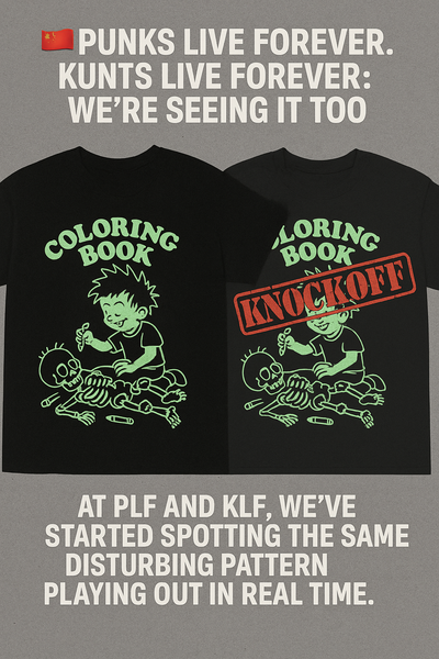 Two black t-shirts side by side. The original KLF shirt says "COLORING BOOK" with a punk kid coloring a skeleton. The copycat version is nearly identical, stamped with a bold red "KNOCKOFF" label.