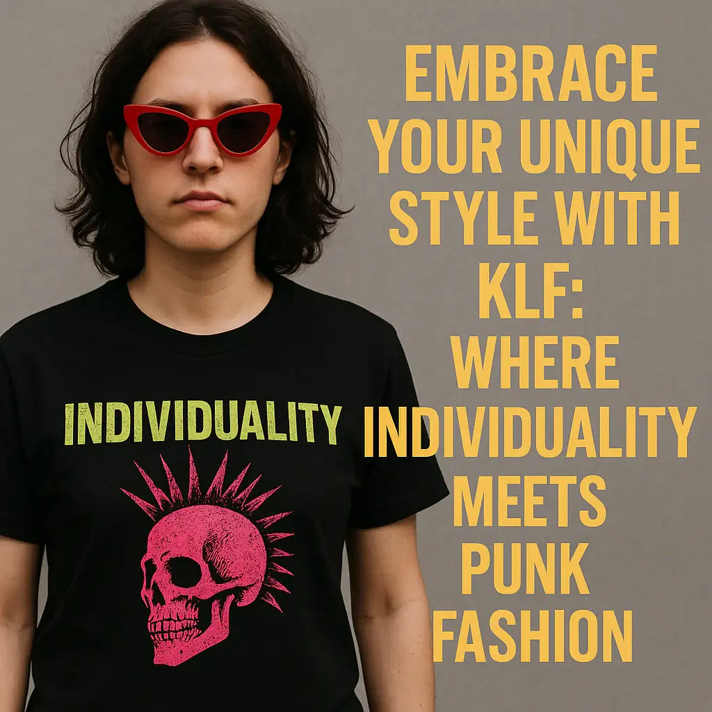 Person wearing a black “Individuality” punk skull tee with bold yellow text promoting unique style by KLF.
