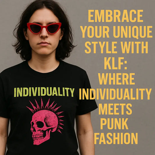 Person wearing a black “Individuality” punk skull tee with bold yellow text promoting unique style by KLF.
