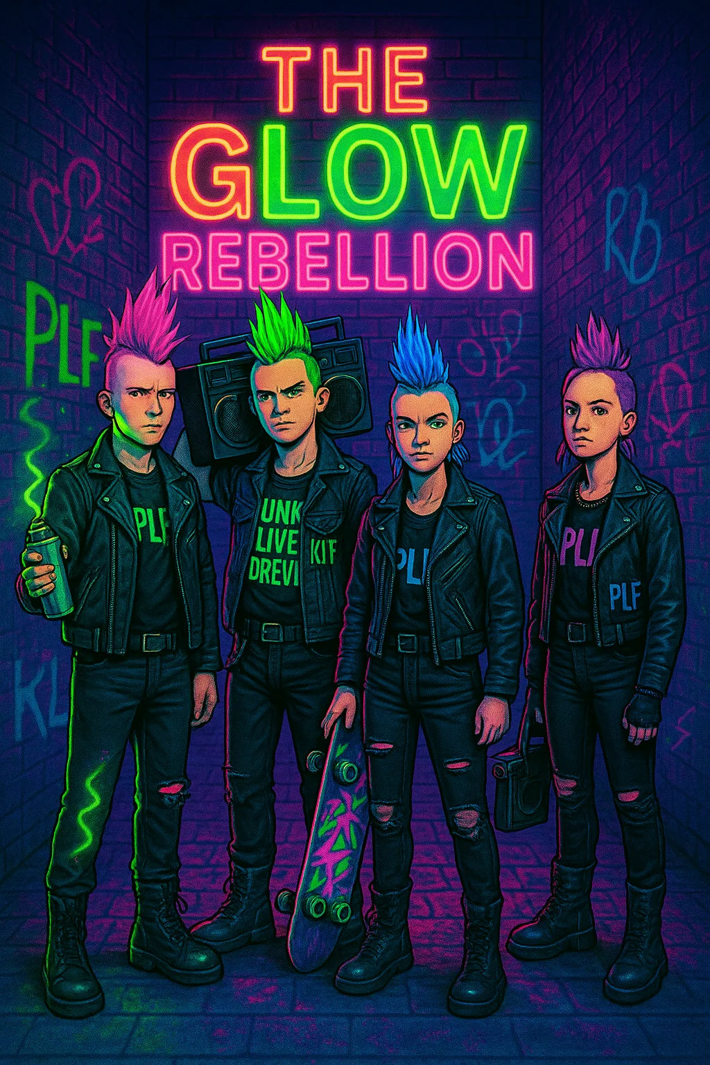 Four punk kids with neon mohawks in a graffiti-covered alley beneath The Glow Rebellion title, wearing PLF and KLF crossover branding.