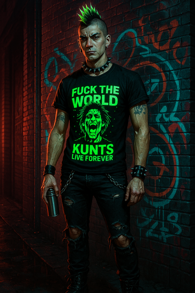 Punk rocker with a neon green mohawk stands in a graffiti-covered alley, wearing a bold “FUCK THE WORLD – KUNTS LIVE FOREVER” shirt, spiked accessories, and holding a spray can, exuding raw, rebellious energy.