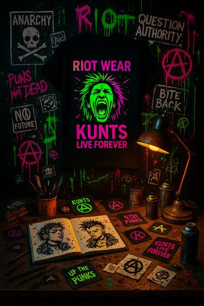 Neon-lit punk art studio with graffitied walls, a “RIOT WEAR – KUNTS LIVE FOREVER” shirt hanging above a cluttered desk filled with sketchbooks, stencils, spray paint, and anarchist artwork.