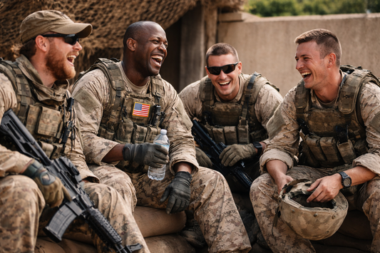 soldiers laughing together showing military camaraderie and veteran dark humor culture
