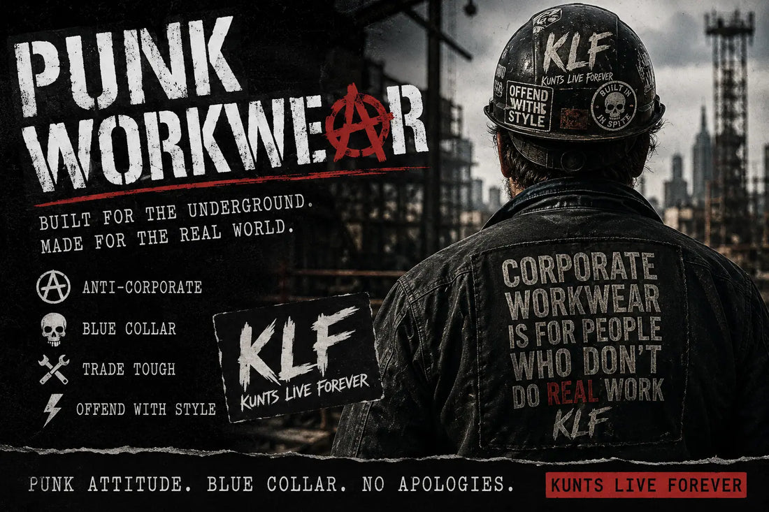 Punk workwear graphic featuring a blue-collar worker in a KLF hardhat at an industrial jobsite with anti-corporate underground streetwear themes.