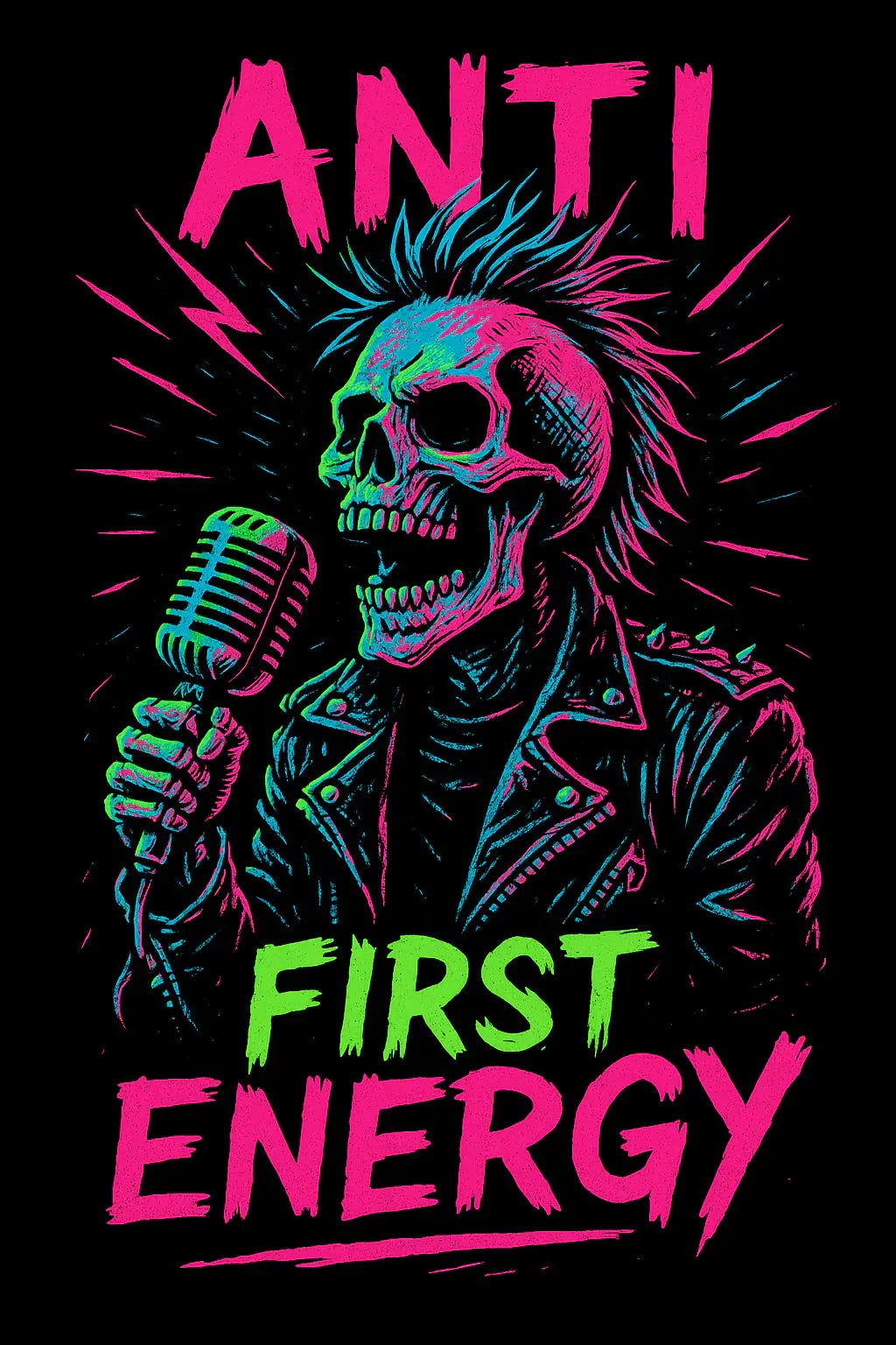 “Neon punk skull with mohawk and microphone on black background, with bright pink and green text reading ‘Anti FirstEnergy.’ High-contrast KLF protest art style.”