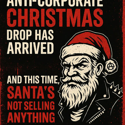 Grungy punk-style illustration of an angry Santa in a spiked leather jacket with an anarchy symbol, promoting the KLF Anti-Corporate Christmas Drop.