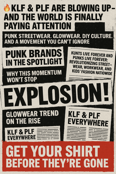 A chaotic punk-style newspaper collage featuring bold black-and-red headlines about KLF and PLF blowing up, rising in popularity, and urging viewers to get their shirts before they’re gone.