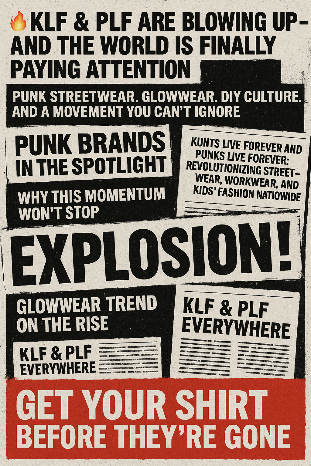 A chaotic punk-style newspaper collage featuring bold black-and-red headlines about KLF and PLF blowing up, rising in popularity, and urging viewers to get their shirts before they’re gone.