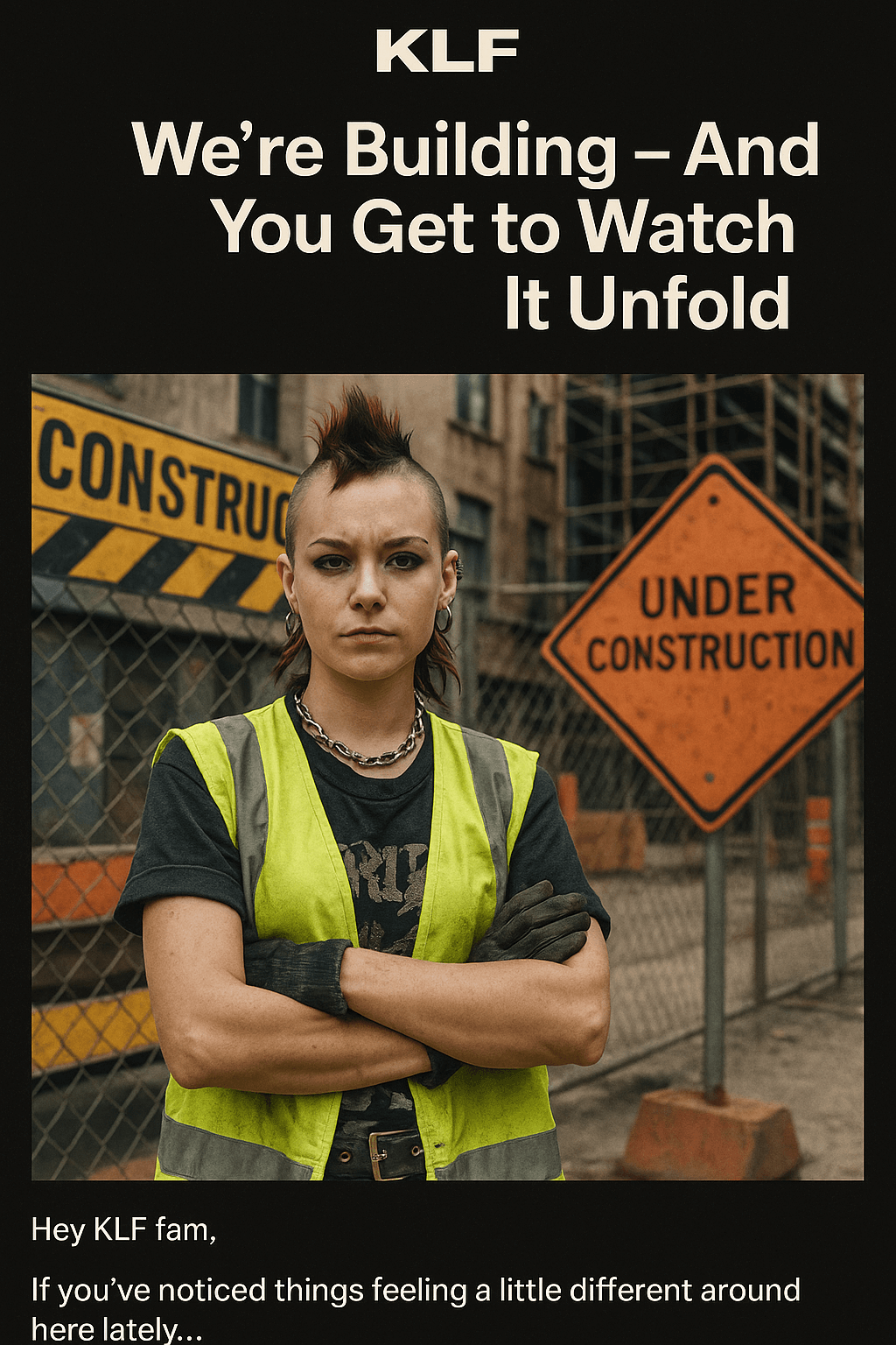 Punk woman with mohawk standing in front of an under-construction site.
