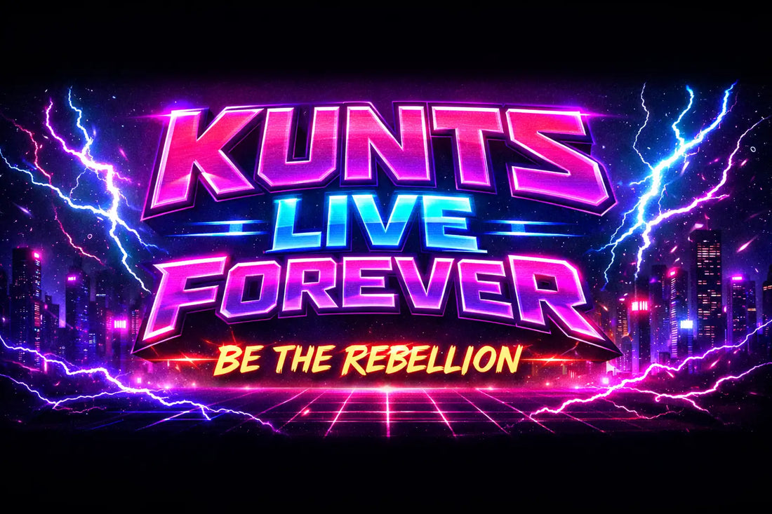 Kunts Live Forever neon logo with lightning effects over a futuristic cityscape and the slogan ‘Be the Rebellion’.