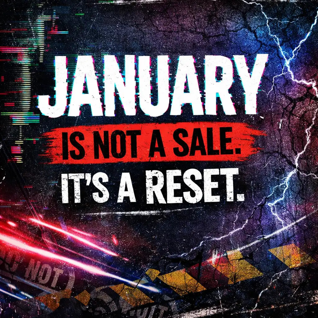 January Is Not a Sale It’s a Reset punk streetwear teaser graphic by Kunts Live Forever featuring glitch textures and bold distressed typography