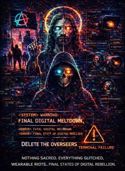 glitchcore cyberpunk skull and digital rebellion warning design