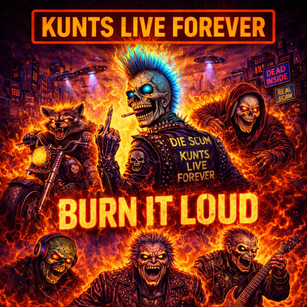 Burn It Loud punk streetwear collection artwork by Kunts Live Forever featuring flaming skull punks, a raccoon biker, neon dystopian city, and rebellion energy.