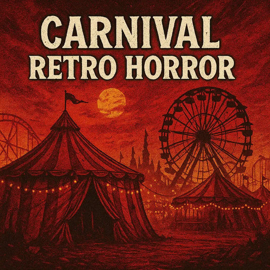 Vintage carnival at night with striped big-top tents and a looming Ferris wheel under a blood-red sky, evoking retro horror and haunted carnival vibes.