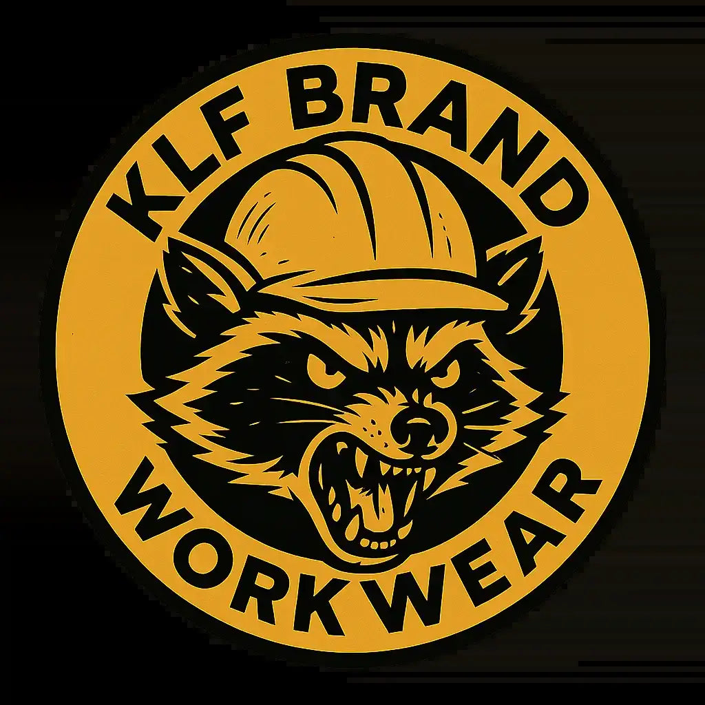 KLF Brand Workwear logo featuring an aggressive raccoon wearing a hard hat inside a circular badge design in black and yellow industrial colors representing punk workwear and blue collar rebellion.